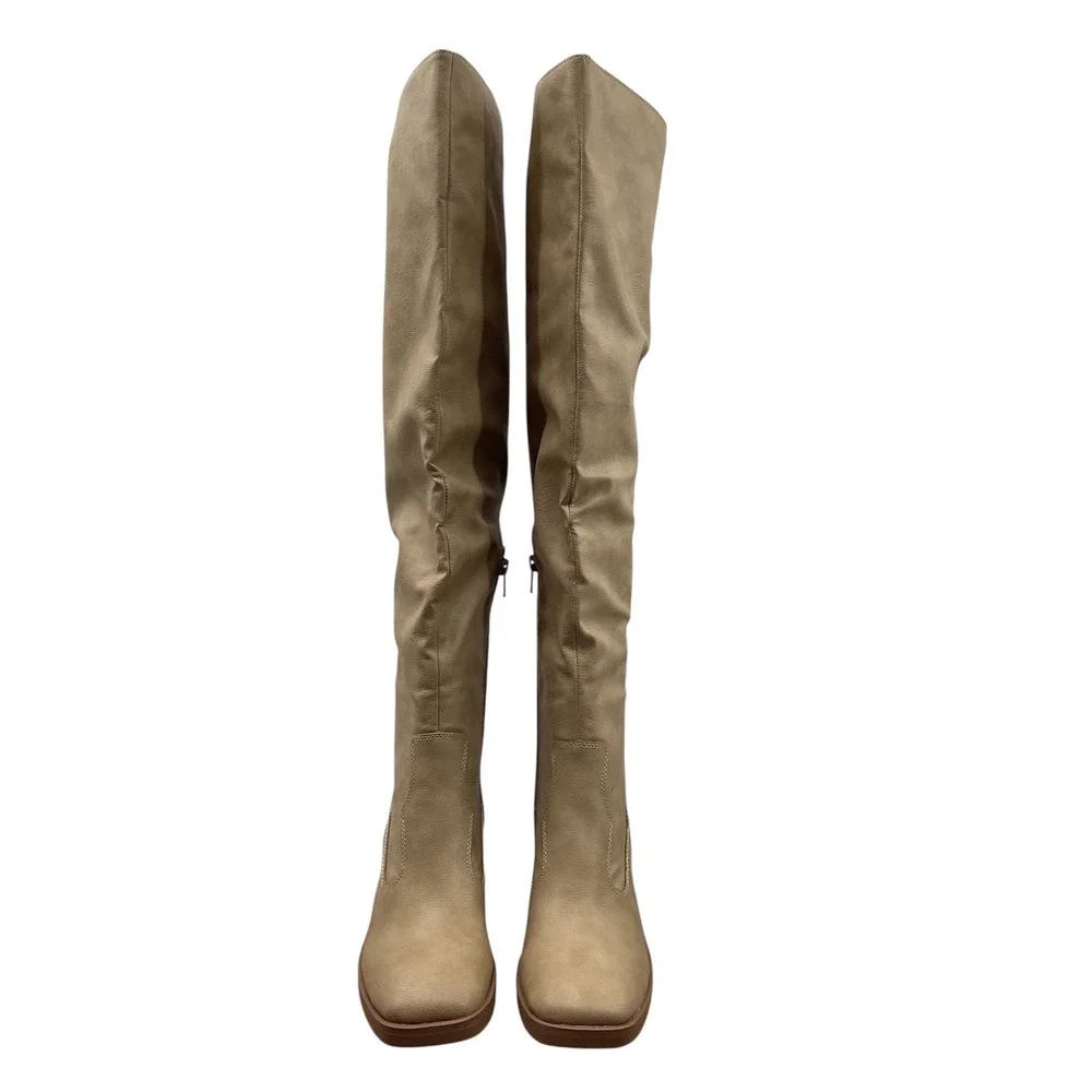 Sun + Stone Vivvii Tan Over The Knee Block Heel Square Toe Boots F42199  6.5